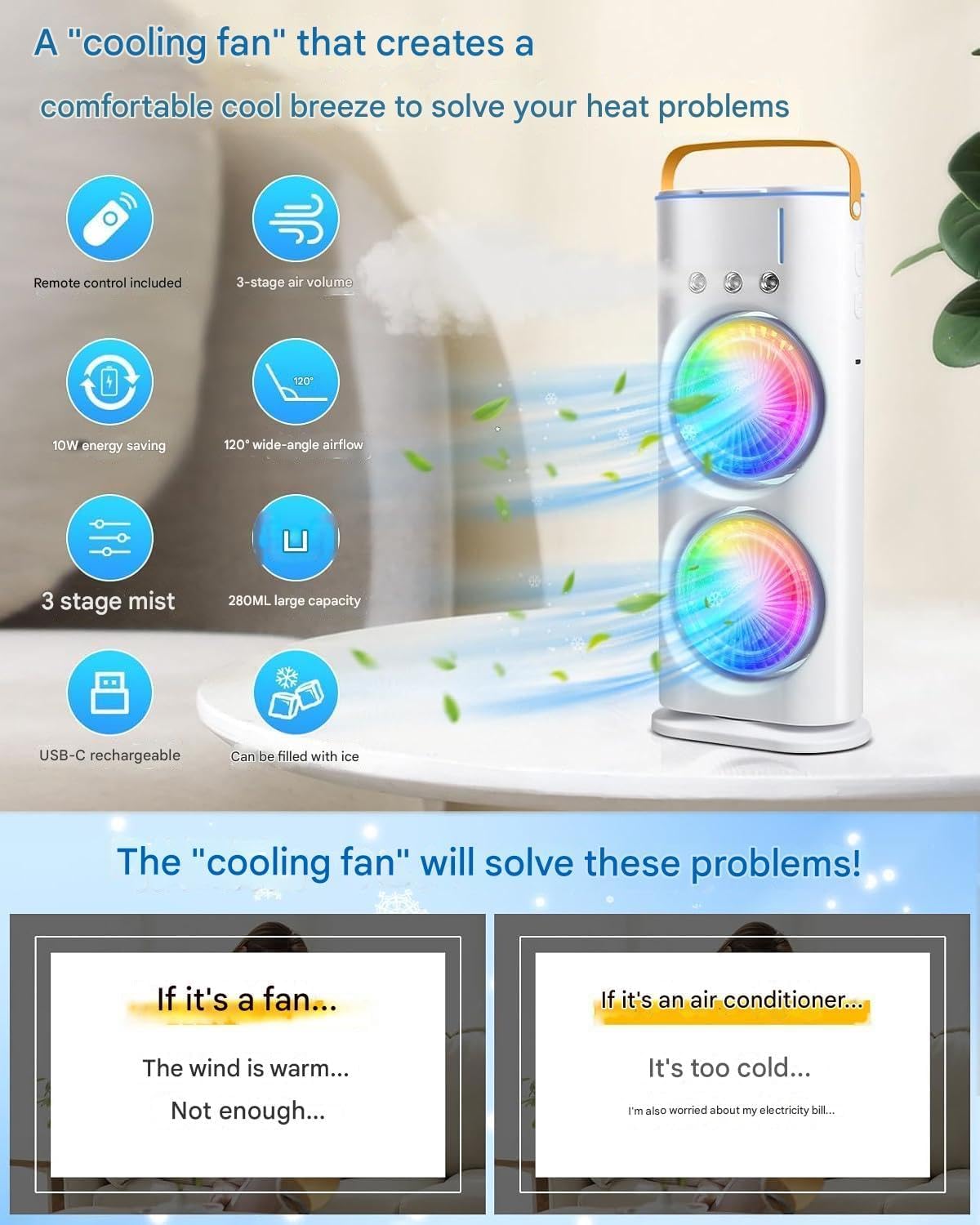 Rechargeable Rotating Spray Fan with Lightening Effects